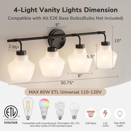 Image of USHOWER 4-Light Bathroom Light Fixtures, Vanity Lights with White Frosted Glass Shades, Modern Black Vanity Lights for Bathroom, Mirror, Living Room, Bedroom, Hallway, E26 Base (Bulbs Not Included)