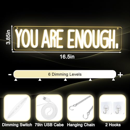 Image of You Are Enough Neon Sign Dimmable Neon Signs for Wall Decor Affirmation LED Signs USB Neon Light Up Sign for Bedroom Living Room Reading Room Classroom Book Party Library Decoration for Women Men Kids