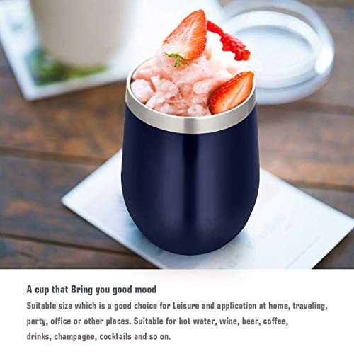 Fungun 12 Pack Unbreakable Drink-Ware Stemless Wine Tumbler, 12 Oz Stainless Steel Triple-Insulated Vacuum Wine Glass Cup with straws for Wine, Coffee, Champagne, Cocktails and Beer(Navy Blue)