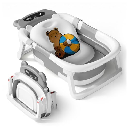 GERRBG ベビーバス 折りたたみ式 ベビー用浴槽 湯温計 バスクッション付き 赤ちゃん 新生児 沐浴 ベビー お風呂 0~6歳 バスタブ コンパクト 水抜栓付 赤ちゃん用 出産祝い ギフト (ベア温度感知グレー+バスマット)