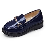 Coutgo Girl's Platform Loafers Slip On Chain Chunky Heel Leather Flats Round Toe School Uniform Dress Shoes Navy