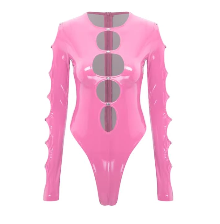 Body da donna in pelle PU a maniche lunghe taglio alto body tuta pole dance rave, abbigliamento da discoteca, rosa, L