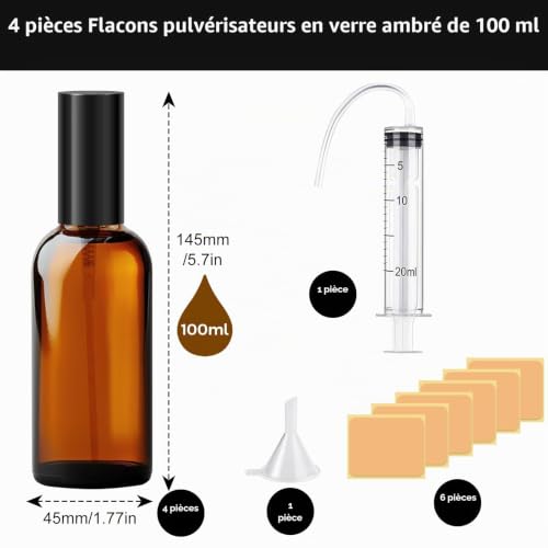Amentalove Flacons en Verre Ambre Vide, 4PCS 100ML Flacon Pulvérisateur en Verre, Ambré Bouteille Spray Glass, Flacon Vaporisateur Vide avec Seringue et Entonnoir pour Huiles Essentielles, Parfums – vue 2