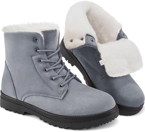 Winter Snow Boots for Women Suede Cotton Warm Fur Lined Ankle Boots Outdoor Anti-Slip Waterproof Booties Lace Up Platform Shoes Grey