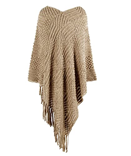 Image of xxxiticat Women's Tassel Poncho Scarf Batwing Sleeve Loose Fringe Hem Round Ball Cape Shawls Knitted Pullover Sweaters