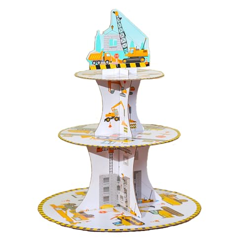 Riseason 3 Tier Excavator 3D Crane Model Cardboard Cupcake Stand Donuts Dessert Tower Cupcake Holder for Dessert Table Displays,Baby Shower,Construction Theme Birthday Party Decoration Supplies