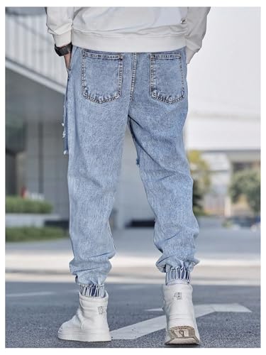 OYOANGLE Men's Cargo Joggers Pants Letter Patched Ripped Jeans Elastic Drawstring Waist Distressed Denim Pants2