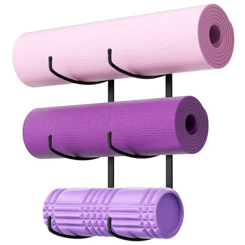 Josmimic Yoga Mat Holder Wall Mount 3-Tier Storage Rack for Yoga Mat Foam Roller Block Yoga Accessories Wall Organizer for Home Gym Gym Workout Room Metal Black
