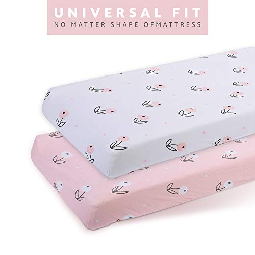 Image of Bassinet Sheets for Baby Girl Set of 2 by Tansy Panda - Ultra Soft, Breathable, 100% Organic Cotton - Compatible with Halo, Hourglass, Rectangle Bassinet Mattress Pad - Pink and White Floral