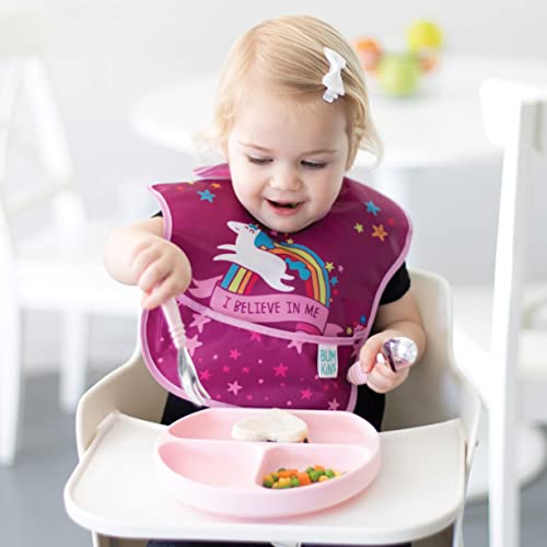 Bumkins Bibs for Girl or Boy, SuperBib Baby and Toddler for 6-24 Months, Essential Must Have for Eating, Feeding Set, Splat Mat for Under High Chair, Mess Saving, Fabric 3-pk Unicorns and Rainbows2