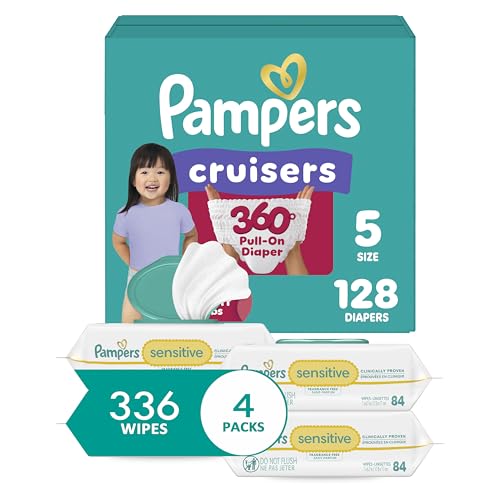 Diapers Size 5, 128 Count and Baby Wipes - Pampers Pull On Cruisers 360° Fit Baby Diapers with Stretchy Waistband, ONE MONTH SUPPLY with Sensitive Wipes, 6X Pop-Tops, 336 Count (Packaging May Vary) - image 1