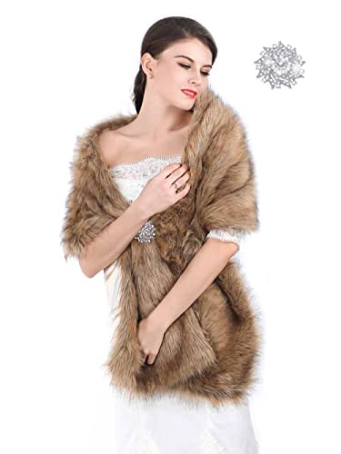 Aukmla womens Long Wedding Faux Fur Wraps Shawls Bridal Stole Brides Bridesmaids, Brown, Free size2