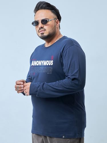 Image of Bewakoof Plus Men's Graphic Print Regular Fit Full Sleeve Round Neck Cotton Jersey Plus Size T-Shirt