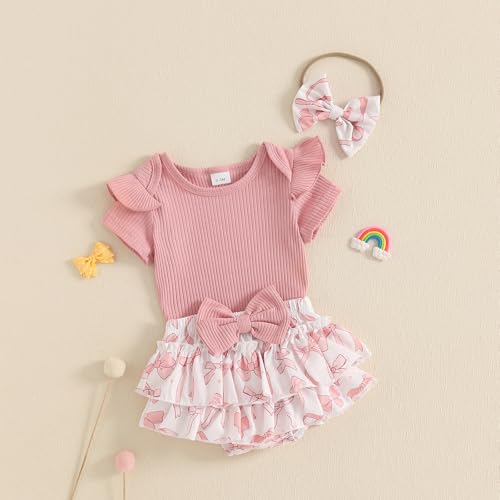 Adobabirl Baby Girl Summer Clothes Short Sleeve Ribbed Romper Ruffle Layered Bloomers Shorts Headband Boutique Clothing2