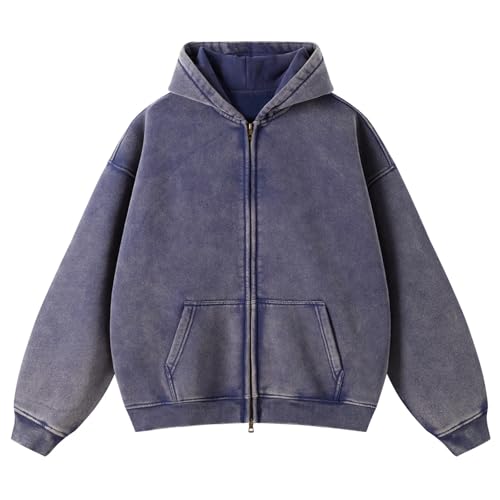 Men's Vintage Acid Wash Zip Up Oversized Hoodi Cotton Heavyweight Streetwear Sweatshirt With Pocket