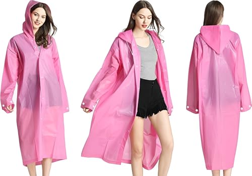 JITIFAZH Wasserdichter Regenponcho, 2 Stück,leichter, wiederverwendbarer Regenmantel mit Kapuze, tragbarer Notfall-Poncho für Erwachsene, Familie, Wandern, Radfahren, Camping(Rosa+Rosa)