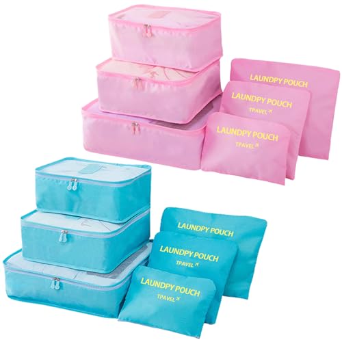 12 Set Travel Packing Cubes Luggage Packing Bags Reusable Lightweight Suitcase Organizer Cubes Set for Travel Accessories (Sky Blue+Pink)
