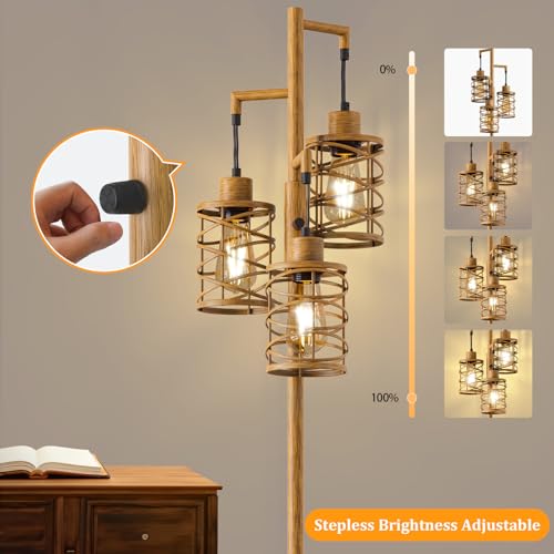 Image of Oneach 70 inch Industrial Floor Lamp, Stepless Dimmable Standing Lamp with 3 Bulbs, Farmhouse Corner Standing Tree Lamp for Living Room, Tall Lamps for Bedroom, Office, Study Room, Dining Room, Wood Grain
