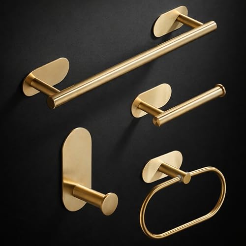 Image of JIALTO Bathroom Towel Holder | 4 Pcs Wall Mounted Bathroom Clothes Hanger with Adhesive Hooks | Towel Rod | Tissue Paper Holder | Bathroom Fittings Rod & Towel Stand (Gold, 4 - Pieces Set)