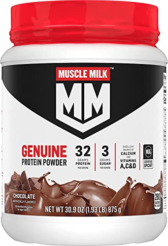Image of Muscle Milk Genuine Protein Powder, Chocolate, 1.93 Pounds, 13 Servings, 32g Protein, 2g Sugar, Calcium, Vitamins A, C & D, NSF Certified for Sport, Energizing Snack, Packaging May Vary