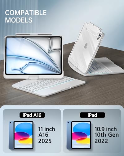 Image of Intermerge for iPad A16 11th(2025) / 10th Generation(2022) Case with Keyboard, 360 Rotating Multi-Touch Trackpad, 7-Color RGB Backlit, Transparent Back, Pencil Holder, Type-C Charging, White