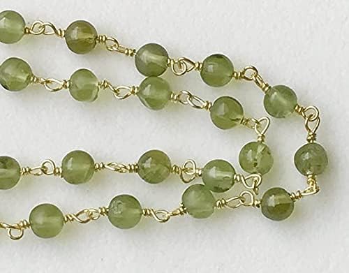 1 Strand Natural Peridot Plain Round Ball Beads Connector Chains in 925 Silver Gold Plate Wire Wrapped Rosary Style Chain