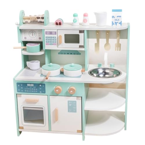 Figoday 木製 キッチンおもちゃ セット 北欧 デザイン 収納付き ごっこ遊び 男女兼用 安全塗装 子供 誕生日プレゼント 調理台 電子レンジ 食器 フライパン こだわり素材 インテリアにも調和 対象年齢3歳以上 (b)