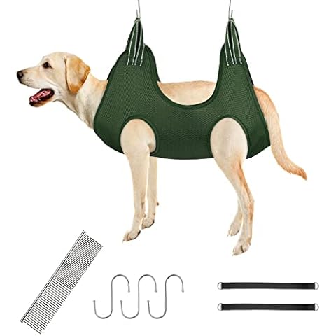 Pawaboo Pet Grooming Hammock, 7 in 1 Dog Grooming Harness, Breathable Restraint Bag Helper with S-Hooks and Comb, Dog Holder Grooming Sling for Trimming Nail Bathinng Washing, L Size, Army Green Cover