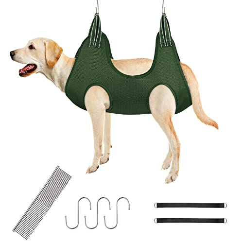 Pawaboo Hamaca para Aseo de Mascotas, Juego de 7 Piezas de Herramientas Higiene para Perros, Gatos, 1 Hamaca,1 Peine,4 Ganchos,2 Correas, para Baño, Corte De Uñas,Higiene,Talla L,Ejército Verde