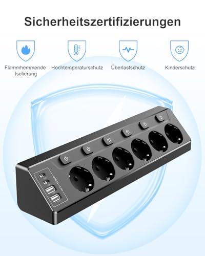 Vipwell Ecksteckdose mit Unabhängigem Schalter，Steckdosenleiste Mit 4 USB (2 USB C)+6 Fach Steckdose Mit Kindersicherung, 3680W, 2M Verlängerungskabel für Küche, Büro, Haushalt (Schwarz) 3