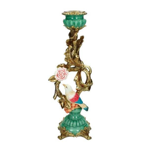 Kerzenständer Vogel & Blume, Gold, Blau & Grün, 33cm | Dekorativer Kerzenleuchter, Stilvolle Tischdeko, Wohnaccessoire