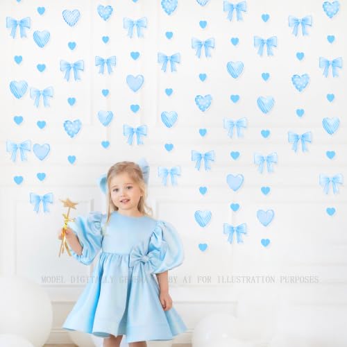 Image of Blue Bow Decorations Blue Plaid Twill Polka Dot Bow Heart Hanging Streamer Garland Banner for Baby Shower Birthday Wedding Bridal Shower Bachelorette Coquette Anniversary Party Decorations Supplies