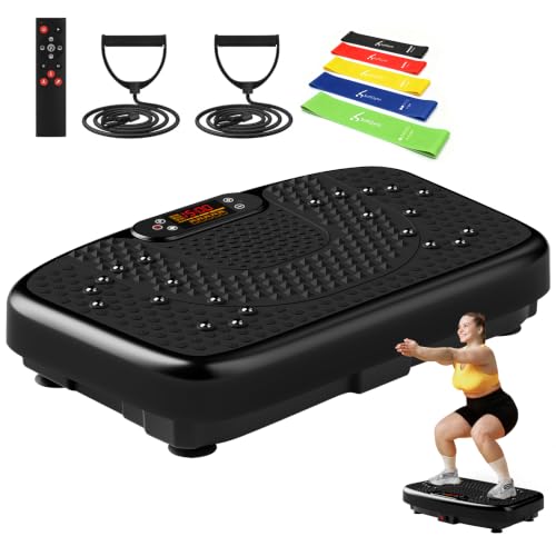 SoftGym Vibration Plate Exercise Machine for Lymphatic Drainage Weight Loss 120 Speed Levels Vibrating Platform with Resistance Bands Full-Body Workout Equipment for Muscle Activation