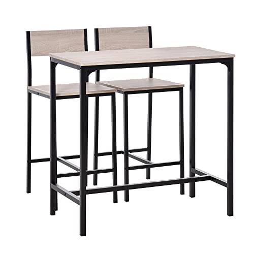 HOMCOM Conjunto Mesa Alta de Cocina con 2 Taburetes, Mesa de Bar Alta, Ahorro de Espacio, para Pisos Pequeños, Comedor, Balcón o Isla Cocina, Estilo Industrial, 89x45x87 cm, Natural y Negro