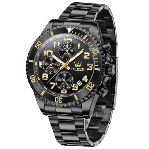 OLEVS Watches for Men Chronograph Luxury Dress Stainless Steel Waterproof Mens Watches Moon Phase Luminous Business Calendar Wrist Watch Blue/Black/Green/Gold/Face