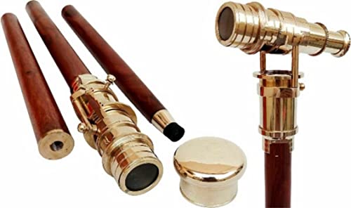 Victorian Telescope Head Handle Walking Stick Vintage Antique Foldable Wooden Walking Stick Cane Brass Nautical Walking Stick Gift for Senior by Maa Vaishno Nautical Store.