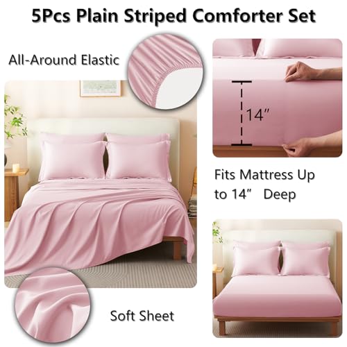 Image of CozyLux Twin XL Comforter Set Pink - 5 Pieces Bed in a Bag, Modern Vertical Quilted Room Decor, Soft All-Season Bedding Gift with Comforter, Sheets, Pillowcase & Sham