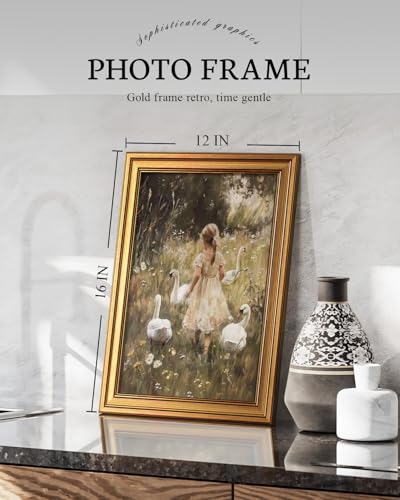 Image of VIYYIEA Vintage Gold Framed Wall Art for Living Room, Gooses Girl Canvas Prints Home Decor, Oil Painting Picture, Bedroom Wall Decor Gifts for Friends or Family -【Graceful Companions】-(16L x 12W)
