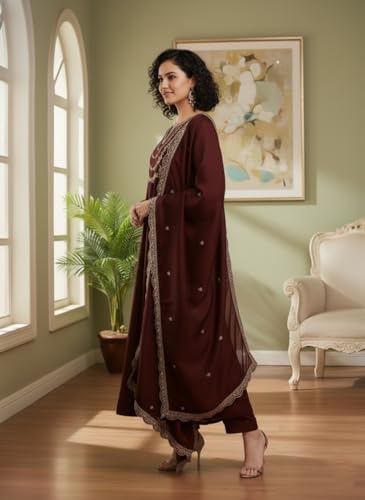 Image of LookMark Women's Silk Blend Embroidered Anarkali Kurta with Dupatta | Full Length Ethnic Dress | Long Sleeves