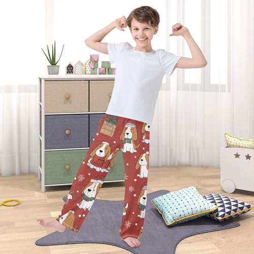 Beagle Xmas Snowflake Boys Long Pants Soft Trousers Elastic Waist Kids Lounge Bottoms with Pockets S-XL 5