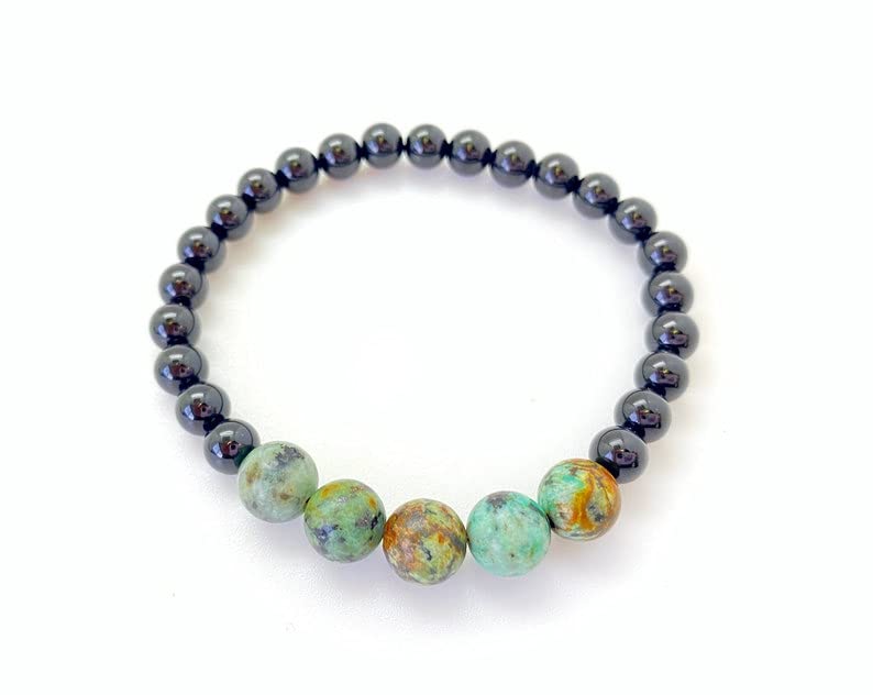 Bracelet turquoise africaine et tourmaline noire perles 6-8mm