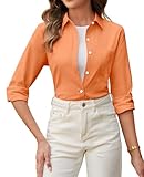 Gleeivy Button Down Shirts for Women Long Sleeve Linen Button Up Shirt Oxford Fitted Collared Work Blouses Top with Pocket Orange