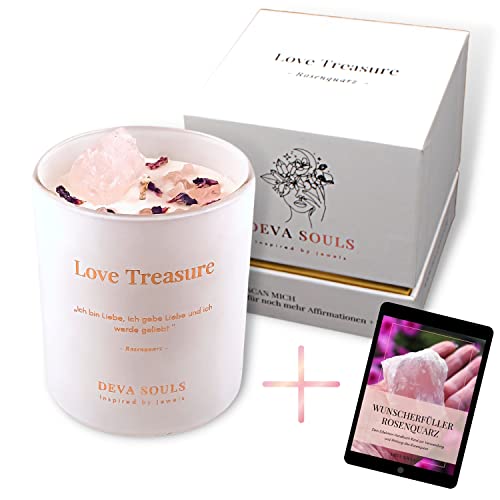 Aromatherapie Kerze im Glas mit Spruch I Kristall Kerze Rosenquarz I Sojawachs Ritual Kerze I Für Yoga, Meditation und Journaling I romantische Duftkerze Sandelholz rose I 44 Std Cover