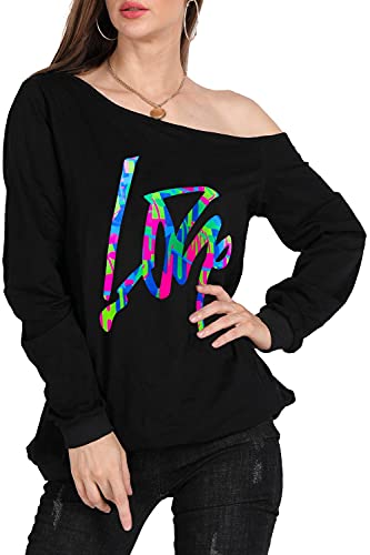Image of MAGICMK Woman's Sweatershirt Lips Print Causal Blouse Off The Shoulder Long Sleeve Loose Slouchy Pullover Plus Size Tops
