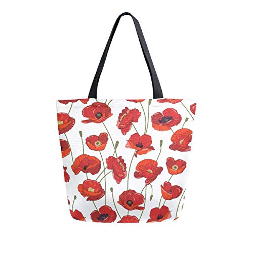 SJOAOAA Sac à provisions réutilisable bleu et jaune en toile robuste, grand sac fourre-tout pliable lavable pour femme, coquelicot, Taille unique