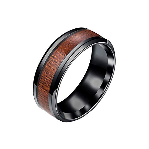 BlackAmazement Anillo de acero inoxidable 316L, con incrustaciones de vetas de madera, tamaño 52-71, negro, plateado, para hombre y mujer, Madera,