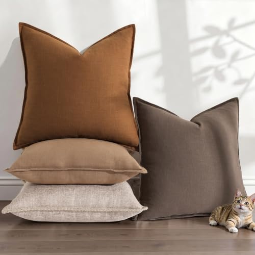 Image of decorUhome Fall Decorative Linen Throw Pillow Covers 16x16 Inch Set of 2 Brick Neutral Pillow Covers with Flange Edges Soft Farmhouse Boho Accent Pillow Cases for Couch Bed Living Room