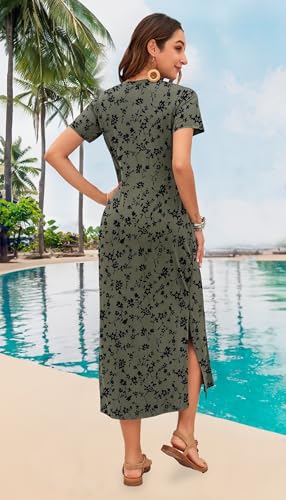 Image of MISFAY Womens Maxi Dress Short Sleeve V Neck Loose with Pockets | Soft stretchy breathable, v neck loose fit, side split hem, two side pockets, casual daily beach vacation travel dress