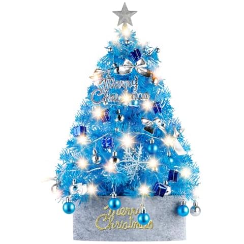 Mini Christmas Tree with Lights, Migaven 24inch/2ft Tabletop Artificial Blue Christmas Tree with Led String Light for Home Office Party Christmas Decoration Cover