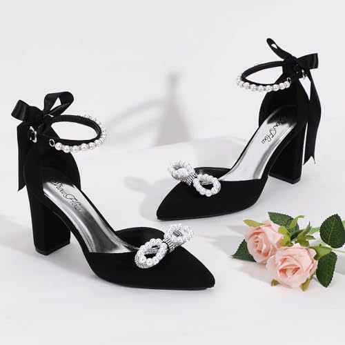 ShowHow Women's Pearl Wedding Shoes for Bride Closed Toe Heels Chunky Block Dress Heels Pointed Toe Rhinestone Pearl Ankle Strap Heels for Bridesmaid Prom Wedding Party Work2